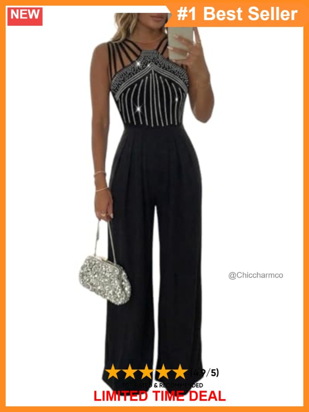 Women's Rhinestone Spaghetti Strap Wide Leg Jumpsuit Sleeveless Party
